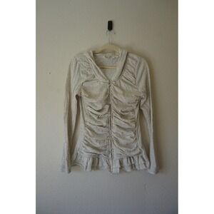 Pure + Good Ruched Smocked Ruffle Hoodie Rave Fairycore Boho Zip Up Oatmeal L